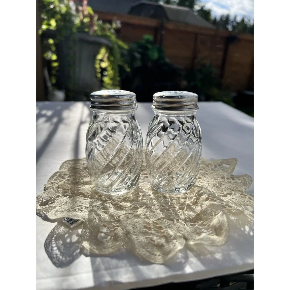 Vintage Clear Glass Swirl Design Silver Lid Aluminum Salt and Pepper Shakers